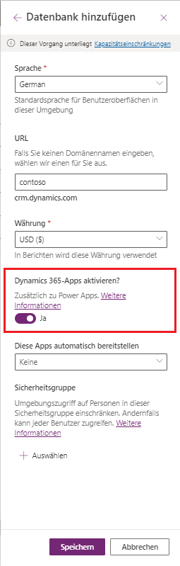 Wählen Sie „Dynamics 365-Apps aktivieren“ aus.