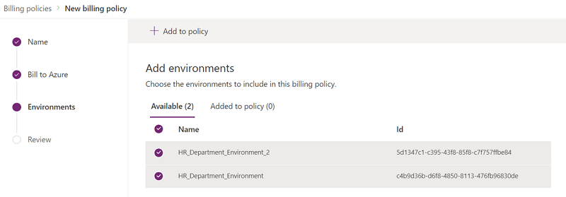 Verfügbare Umgebungen für Hinzufügen einer Abrechnungsrichtlinie