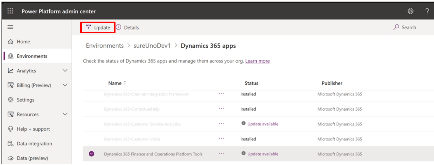 Dynamics 365 Finance and Operations Platform Tools zeigen den Status „Aktualisierung verfügbar“ an.