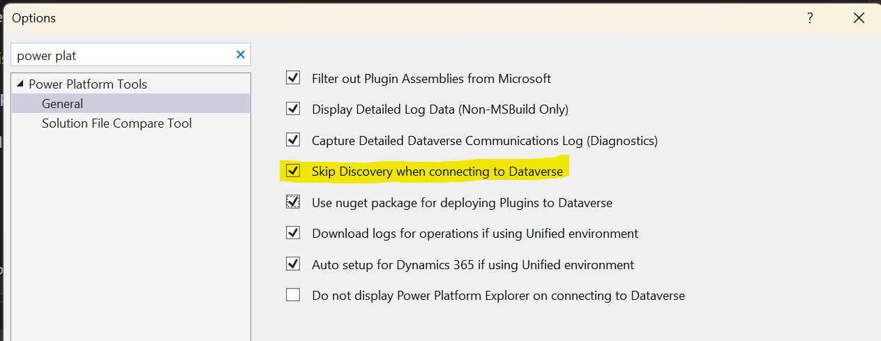 Visual Studio> Tools> Optionen> Power Platform Tools zum Überspringen von Discovery