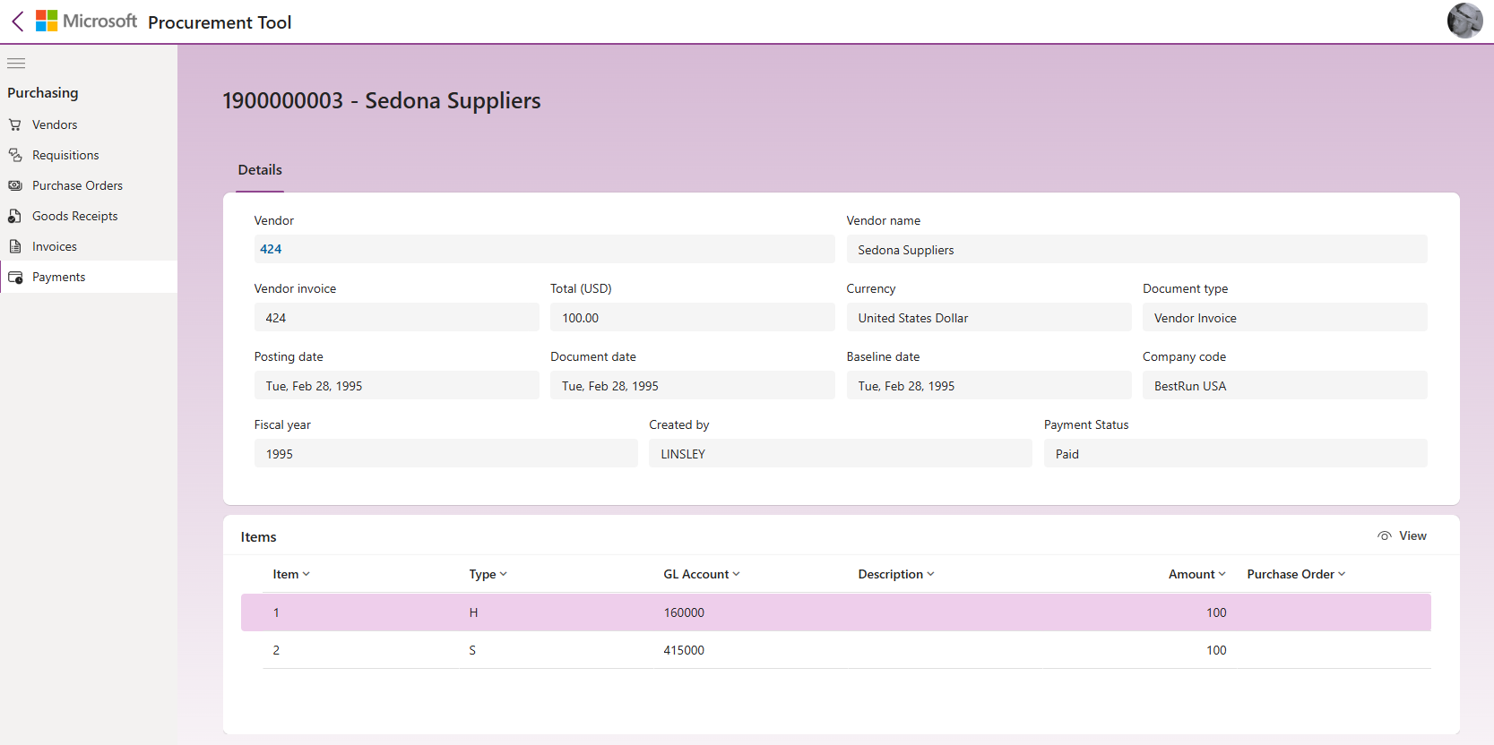 Bild der Zahlungs-App SAP Procurement für Microsoft. Power Platform