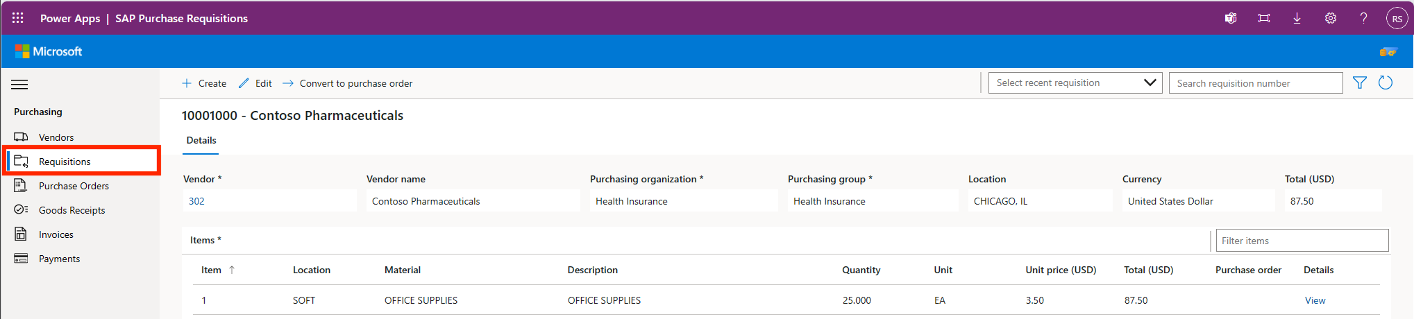 Bild der SAP Procurement-Anforderungs-App von  Microsoft für Power Platform.