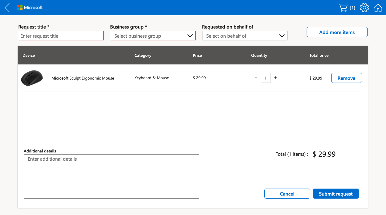 Screenshot der Hardwareanforderungsliste in der Hardwareanforderungs-Canvas-App.