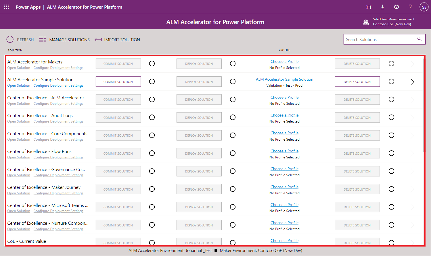 Screenshot der Lösungsliste in der ALM Accelerator-Umgebung für fortgeschrittene Erstellende.