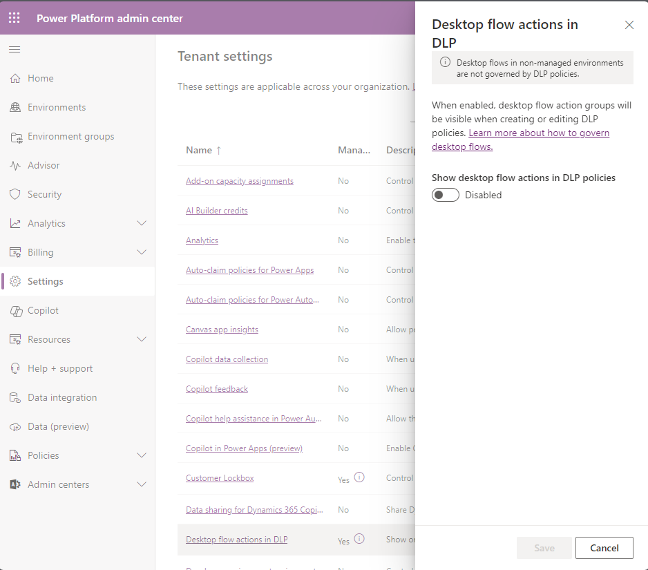 Screenshot der Desktop-Flow-Aktionen im DLP-Bereich im Power Platform Admin Center.