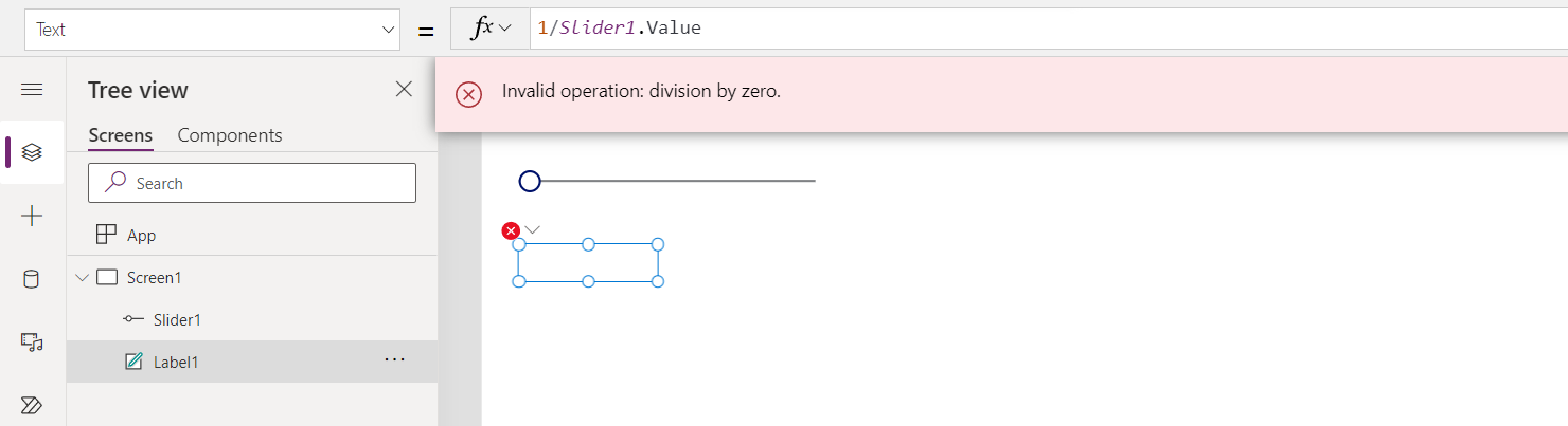 Das „Slider“-Steuerelement wurde auf 0 verschoben, was zu einem Fehler „Division durch Null“ und einem Fehlerbanner führte.