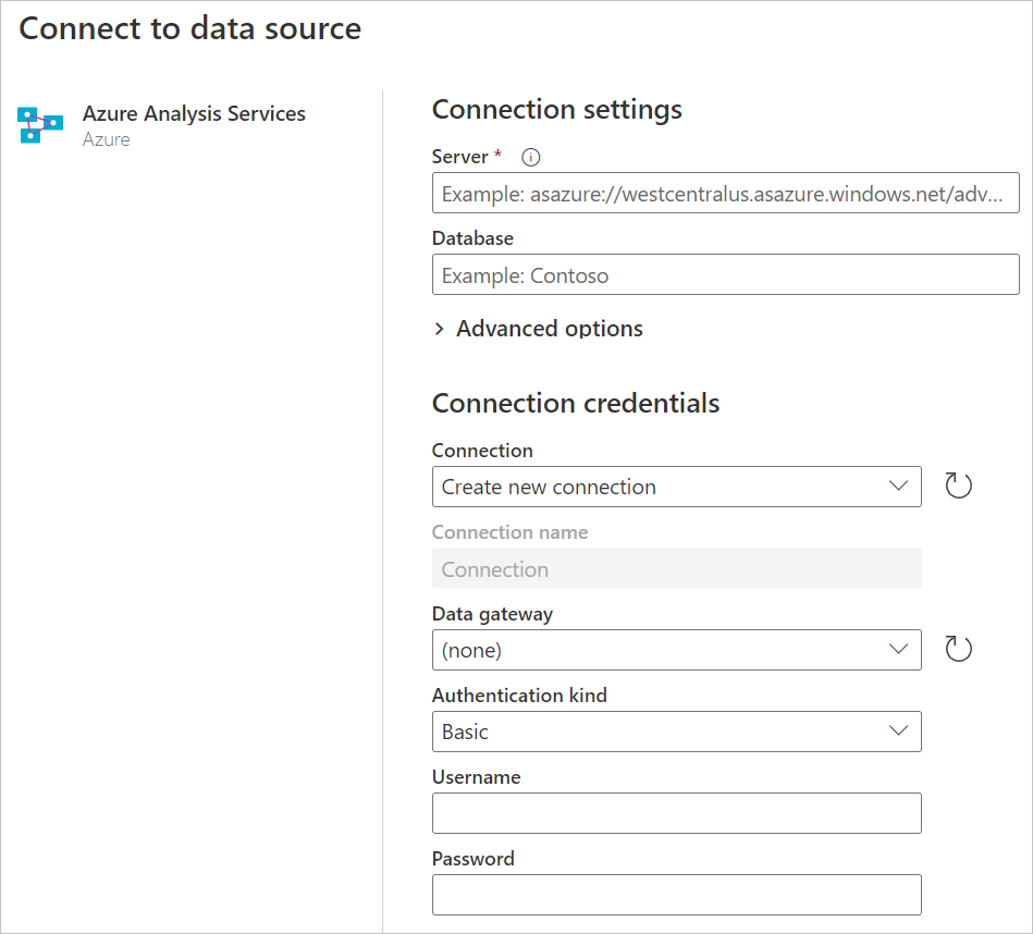 Azure Analysis Services-Datenbank-Verbindungsgenerator in Power Query Online.