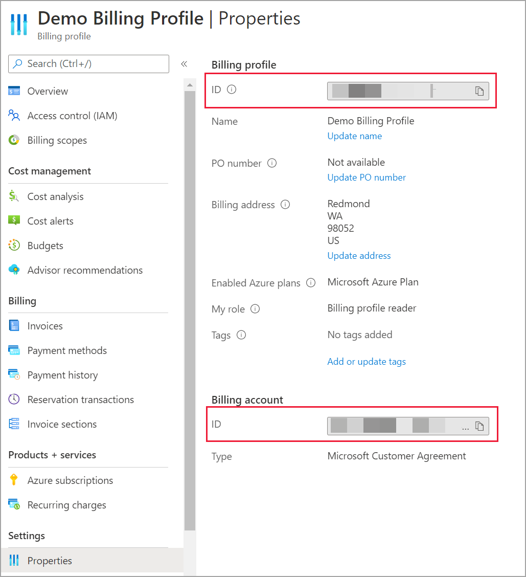 Screenshot der Azure Cost Management-Abrechnungskontoinformationen.