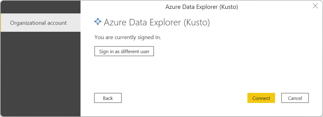 Screenshot des Anmeldedialogfelds für Azure Data Explorer mit organisationsinternem Konto, das für die Anmeldung bereit ist.