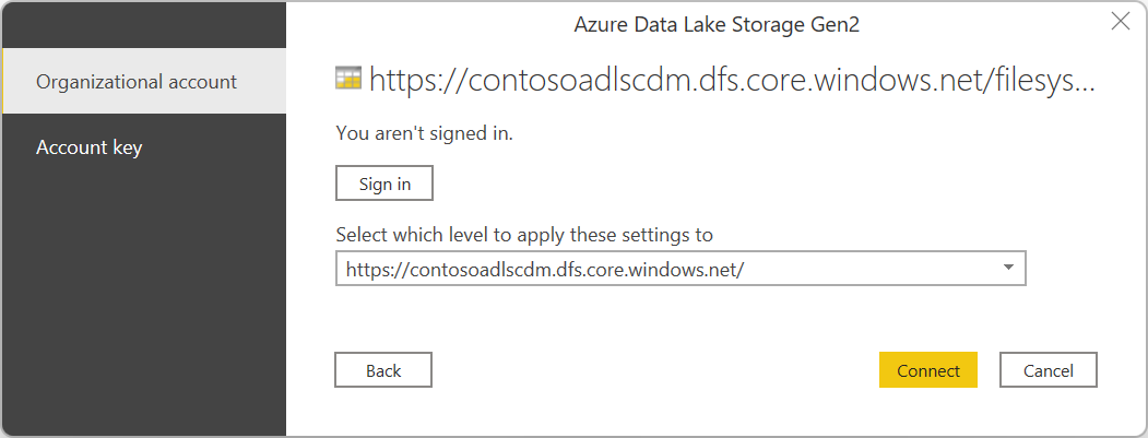 Screenshot des Anmeldedialogfelds für Azure Data Lake Storage Gen2, mit ausgewähltem Organisationskonto und bereit zur Anmeldung.