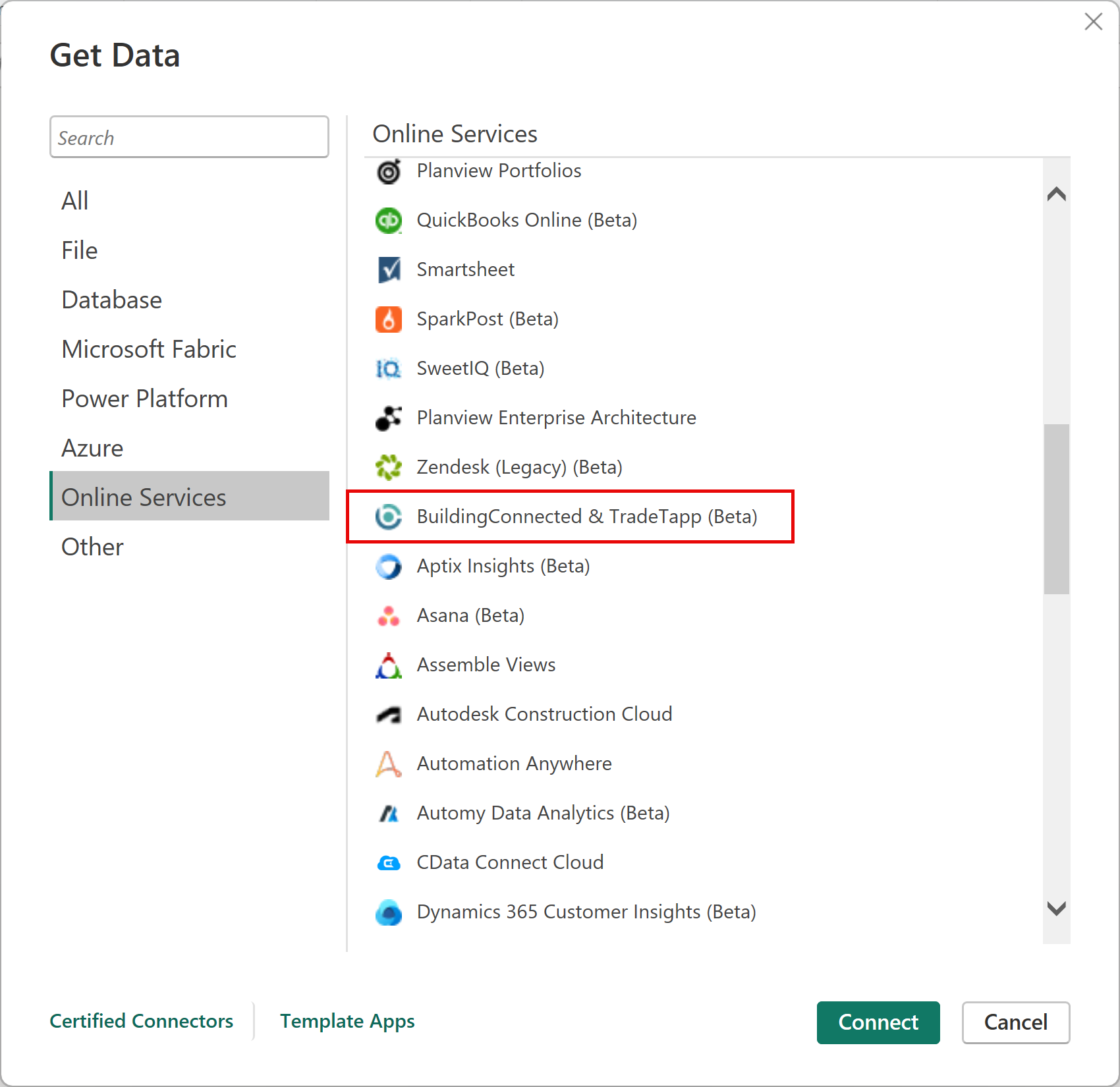 Screenshot des Connectors für BuildingConnected und TradeTapp.