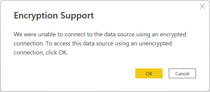 Bild des Dialogs zur Verschlüsselungsunterstützung mit dem Hinweis, dass keine Verbindung hergestellt werden konnte, und der Frage, ob eine unverschlüsselte Verbindung verwendet werden soll.