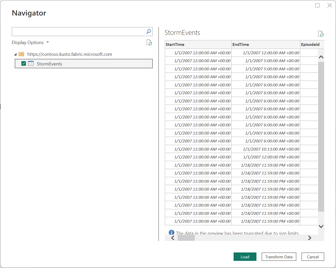 Screenshot of the Power Query navigator, with the storm events table selected.