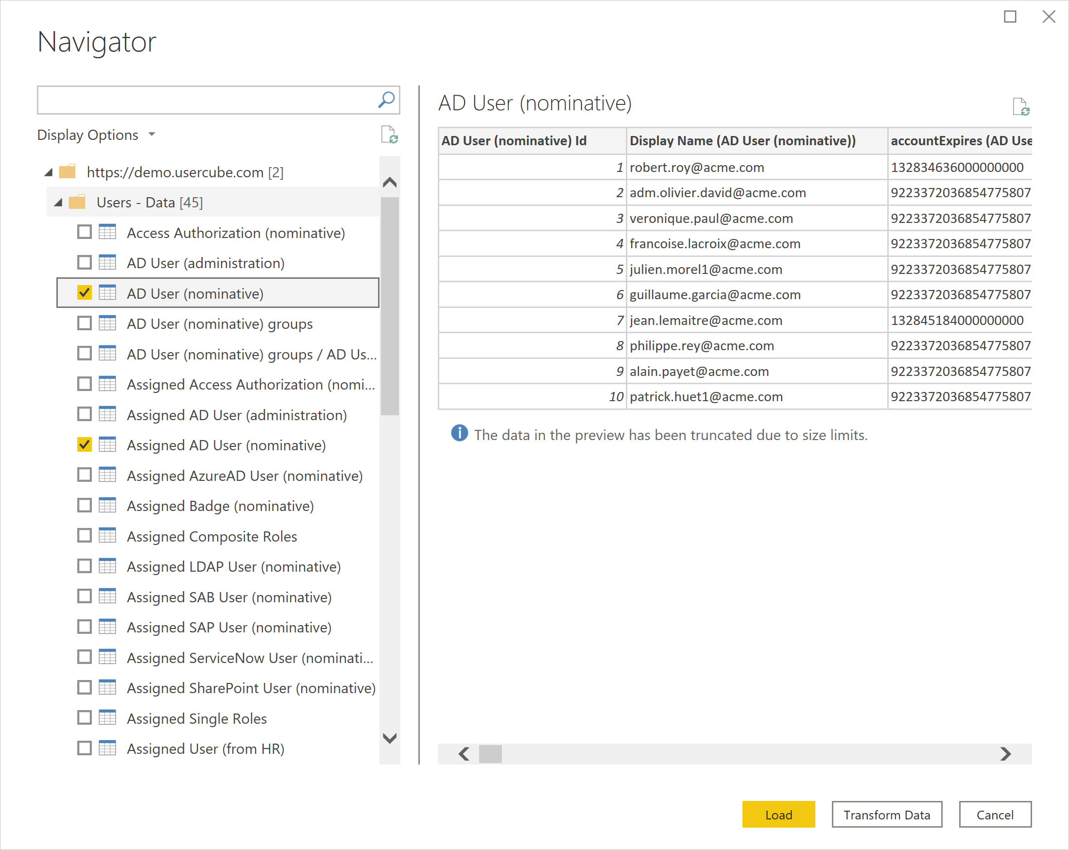 Usercube-Navigator zum Importieren von Daten.