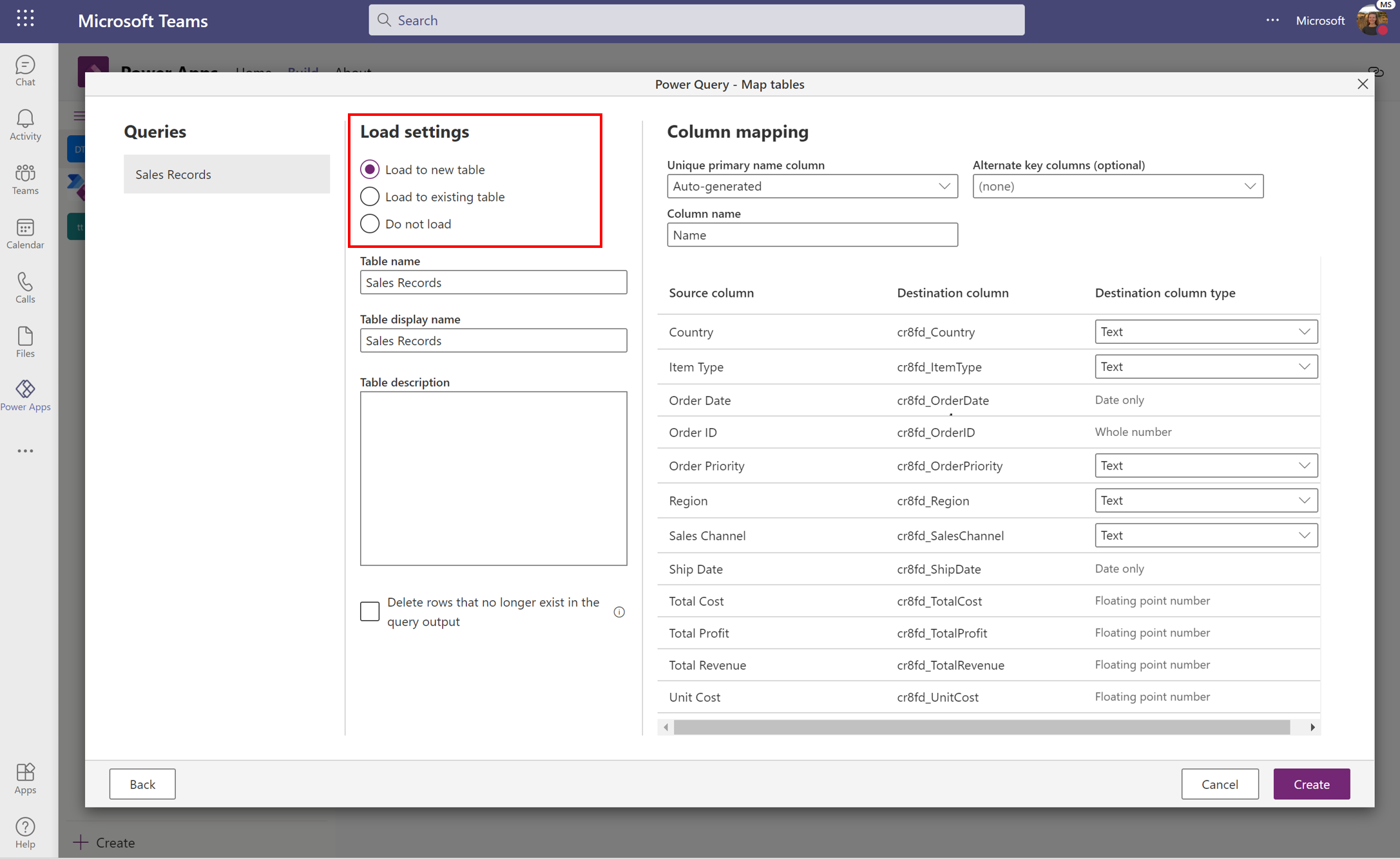 Zuordnung von Daten zu Dataverse for Teams.