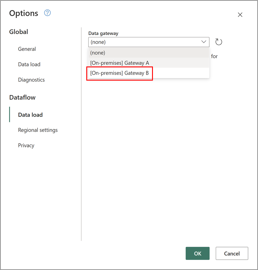 Screenshot des Dialogfelds „Projektoptionen“, wobei im Dropdown-Menü „Keine“, „Gateway A“ und „Gateway B“ aufgelistet sind.