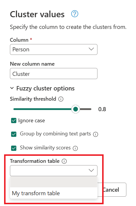 Screenshot der Fuzzycluster-Optionen, in dem das Dropdown-Menü der Transformationstabelle auf die Beispieltransformationstabelle festgelegt wurde.