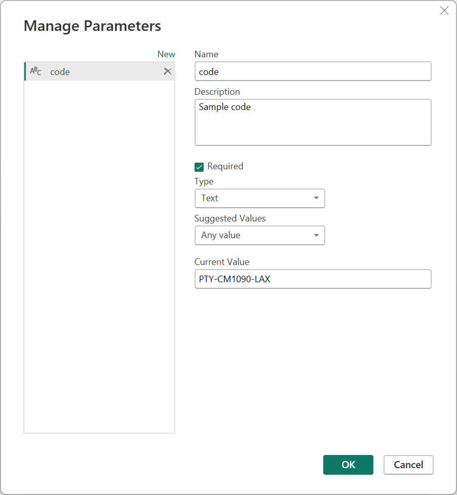 Screenshot des Dialogfelds „Parameter verwalten“ mit den eingegebenen Codewerten der Beispielparameter.