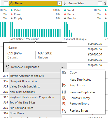 Screenshot der Datenprofilierungstools mit hervorgehobenen Optionen für die Spaltenverteilung.