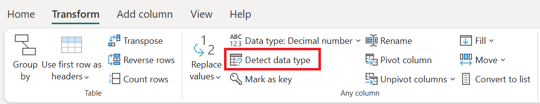 Befehl Datentyp erkennen auf der Registerkarte Transformieren.