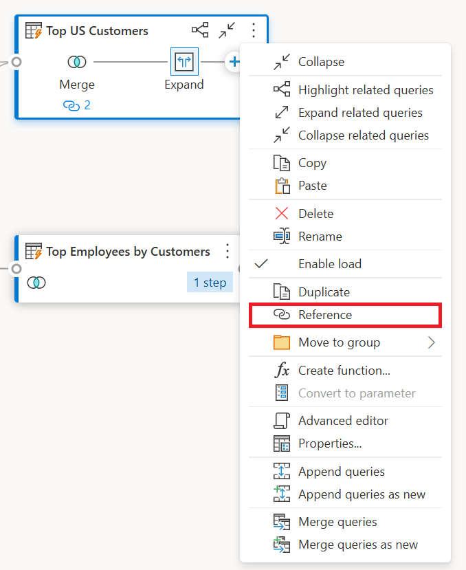 Screenshot der Referenzoption im Kontextmenü der Abfrage hervorgehoben.