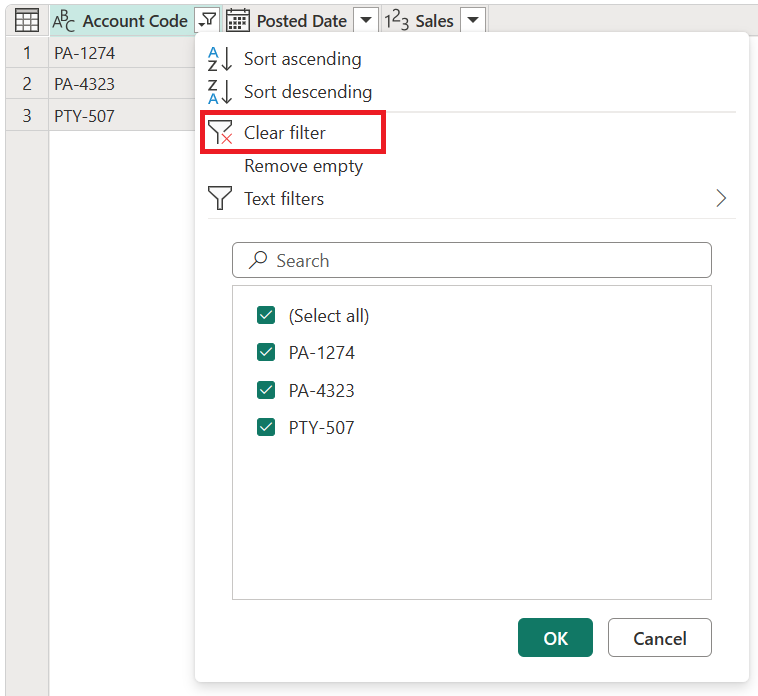 Screenshot des ausgewählten Filtersymbols und der hervorgehobenen Option „Filter löschen“.