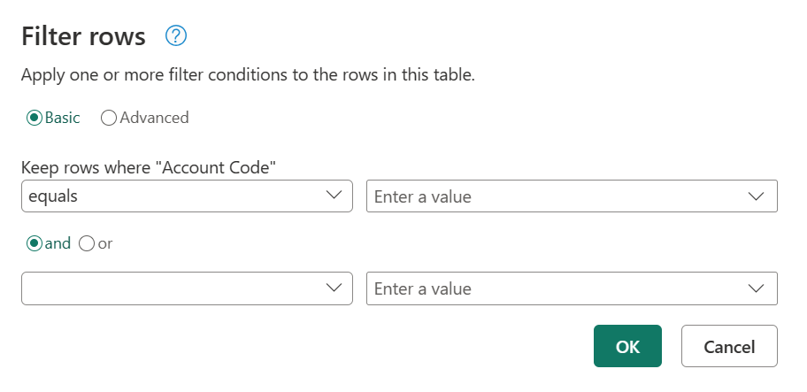 Screenshot eines beispielhaften Dialogfelds „Zeilen filtern“, das über die Textspalte „Kontocode“ geöffnet wird, wobei ein Filter auf „beginnt mit“ eingestellt ist.