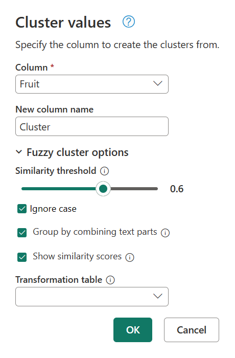 Screenshot des Dialogfelds „Clusterwerte“ mit den Fuzzycluster-Optionen, dem Ähnlichkeitsschwellenwert von 0,6 und der Option „Ähnlichkeitswerte“.