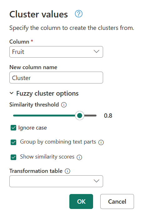 Screenshot des Fensters „Clusterwerte“ mit den Fuzzycluster-Optionen und der Option „Ähnlichkeitswerte“.