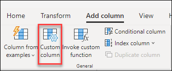 Screenshot des Power Query-Menübands, wobei die Option „Benutzerdefinierte Spalte“ auf der Registerkarte „Spalte hinzufügen“ hervorgehoben ist.