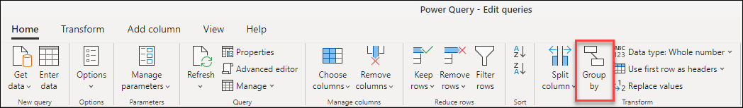 Screenshot der Registerkarte „Start“ von Power Query mit hervorgehobener Optionen für „Gruppieren nach“.