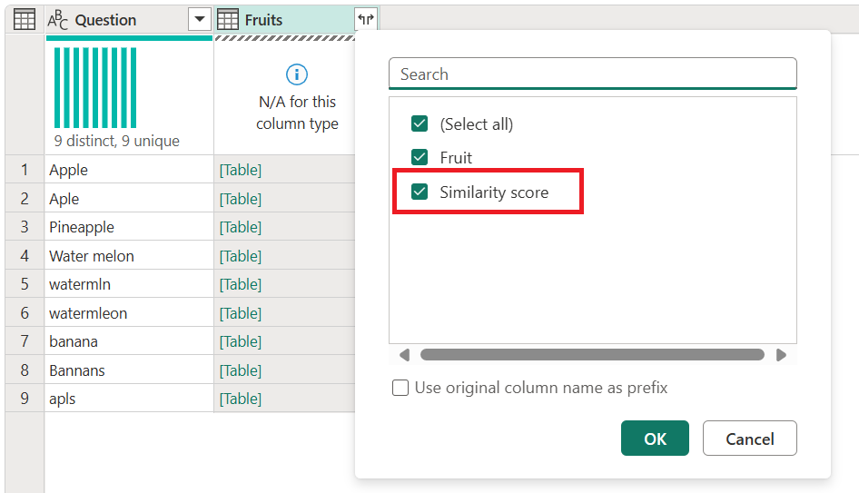 Screenshot des Dialogfelds „Erweitern“ der Tabelle für die Spalte „Obst“, in der die Felder „Obst“ und „Ähnlichkeitswert“ ausgewählt sind.