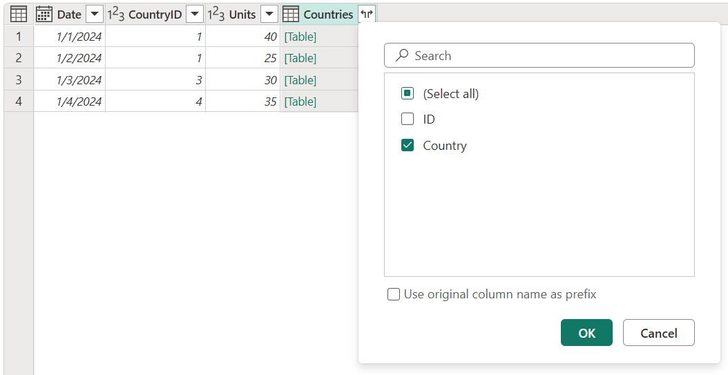 Screenshot der erweiterten Tabellenspalte für „Land“.