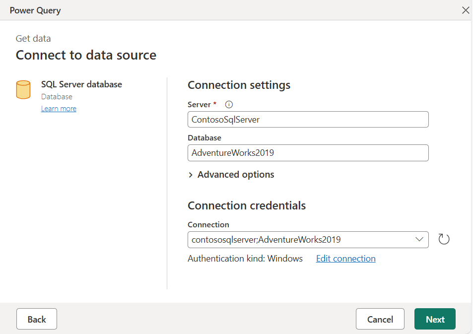 Dialog Verbindungseinstellungen für die Verbindung zur AdventureWorks2019-Datenbank auf einer lokalen Instanz von SQL Server.