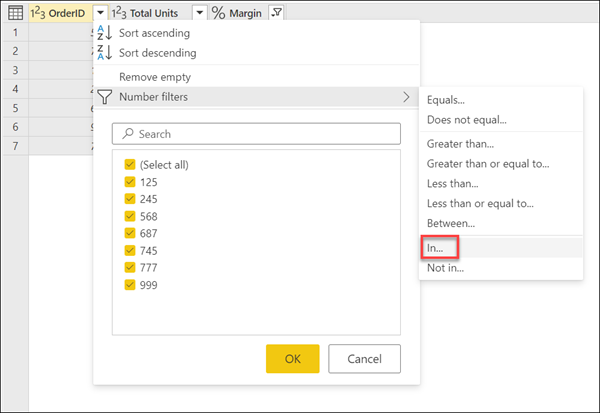 In der Option innerhalb des Untermenüs Zahlenfilter für die Spalte OrderID.