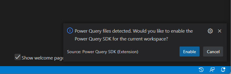 Popup in der Visual Studio Code-Schnittstelle, die dem Benutzer ein Upgrade auf den Power Query SDK-Arbeitsbereich vorschlägt.