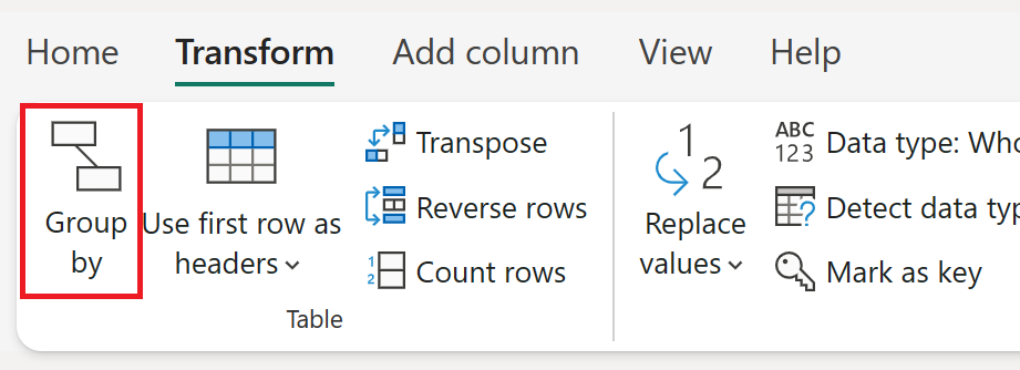 Screenshot: Teils des Menübands der Registerkarte „Transformieren“ mit hervorgehobener Option „Gruppieren nach“.