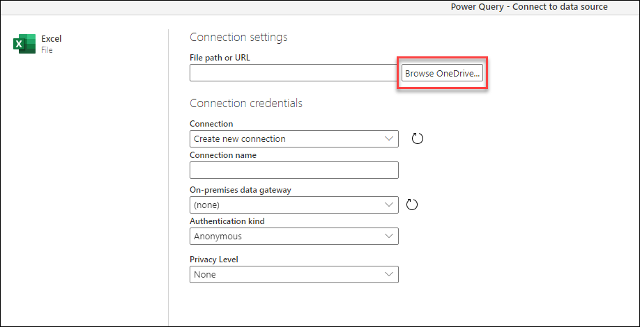 OneDrive durchsuchen ... im Fenster Verbindungseinstellungen für den Excel-Connector.