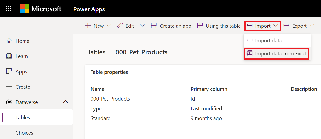 Bild mit geöffneten Dataverse-Tabellen, geöffneter individueller Tabelle in einem Bereich, geöffnetem Kontextmenü „Importieren“ und hervorgehobener Option „Daten aus Excel importieren“.