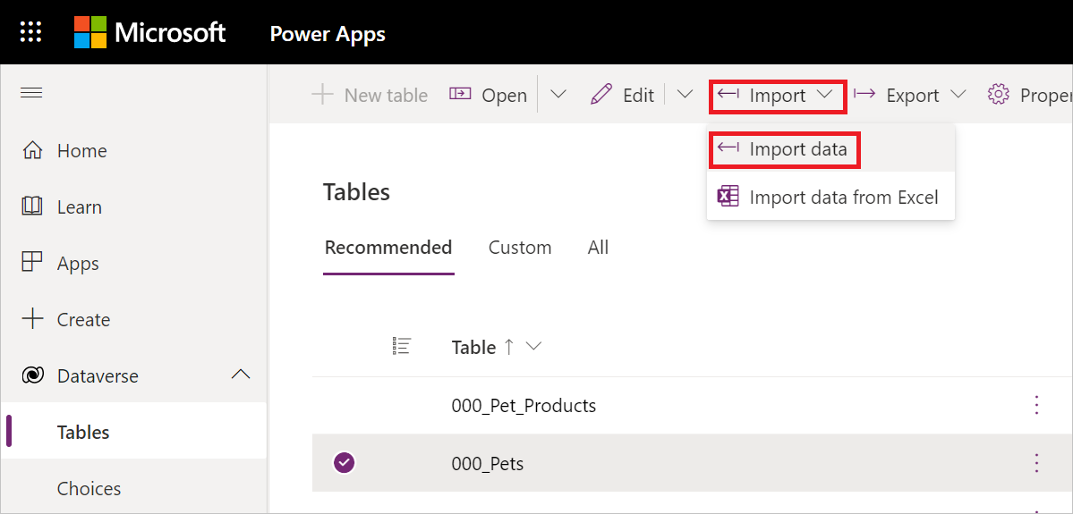 Screenshot mit geöffneten Dataverse-Tabellen, einer ausgewählten Tabelle, geöffnetem Kontextmenü Importieren, wobei die Option Daten importieren hervorgehoben wird.