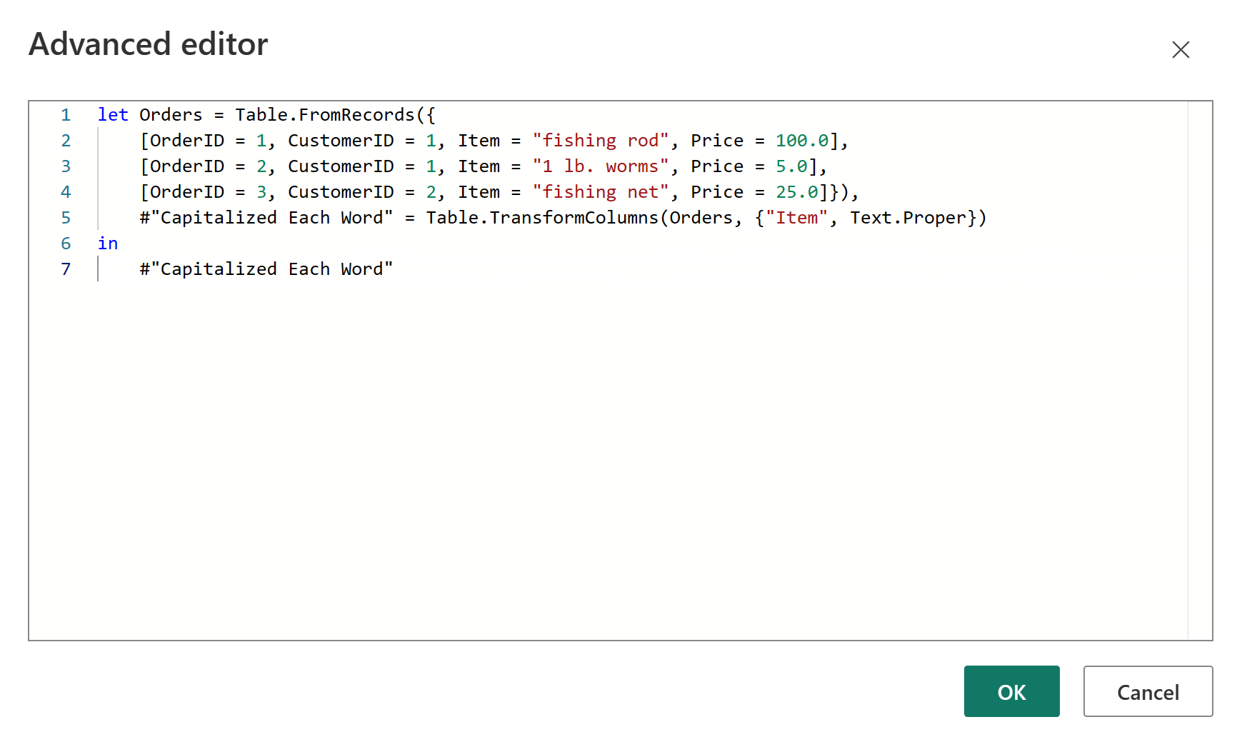 Screenshot of the Power Query advanced editor with all of the M formula steps to produce the table and capitalize initial letters.