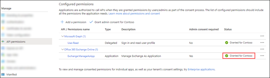 Administratoreinwilligung für Exchange.ManageAsApp-Berechtigungen erteilt.