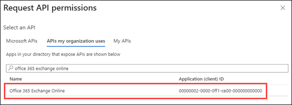 Suchen Sie office 365 Exchange Online auf der Registerkarte APIs, die meine Organisation verwendet, und wählen Sie es aus.