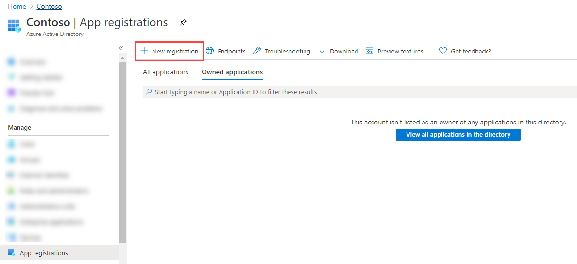 Wählen Sie auf der Seite „App-Registrierungen“ die Option „Neue Registrierung“ aus.