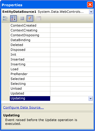 EntityDataSource property page, events