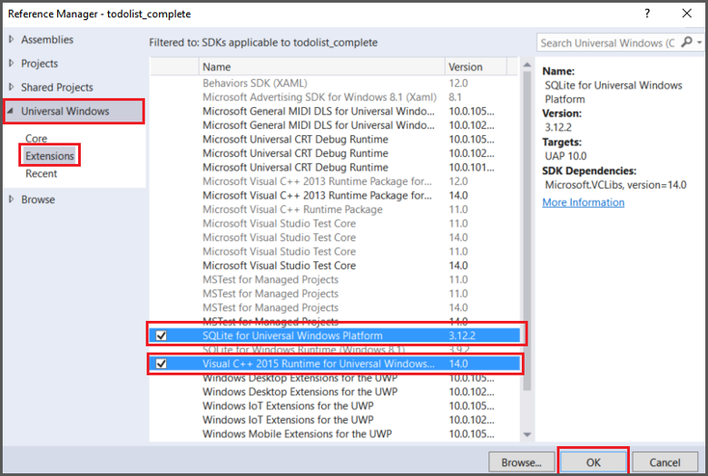 Referenz zum Hinzufügen von SQLite für UWP