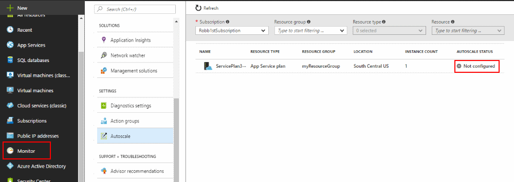 Screenshot, der das Azure-Portal mit den ausgewählten Optionen „Überwachen“ und „Automatisch skalieren“ anzeigt.