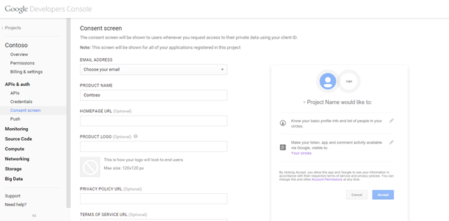 Google Developer Console Consent screen