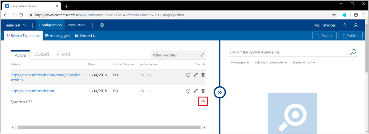 Registerkarte „Aktiv“ der benutzerdefinierten Bing-Suche