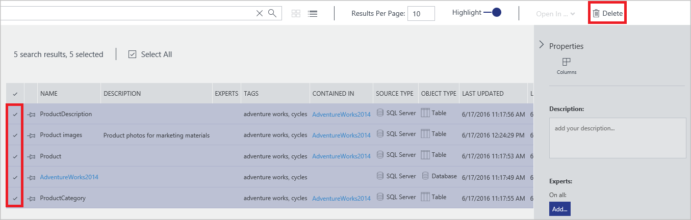 Azure Data Catalog: Löschen mehrerer Datenressourcen